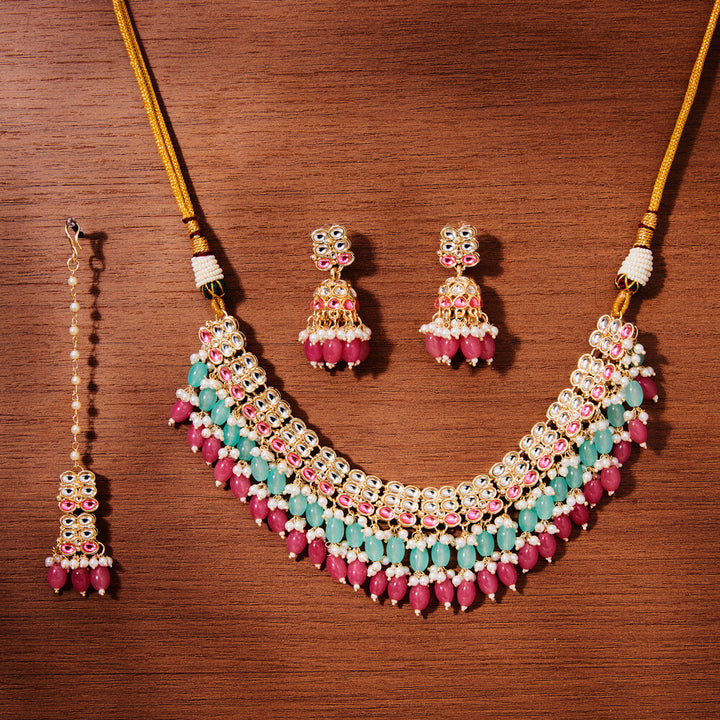 Indo Western Beads Necklace With Gold Plating 111390