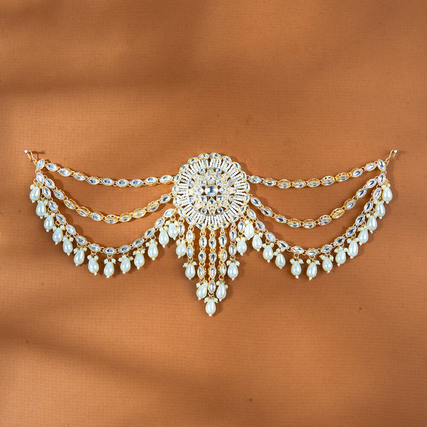 111685 Indo Western Pearl Hair Brooch With Gold Plating