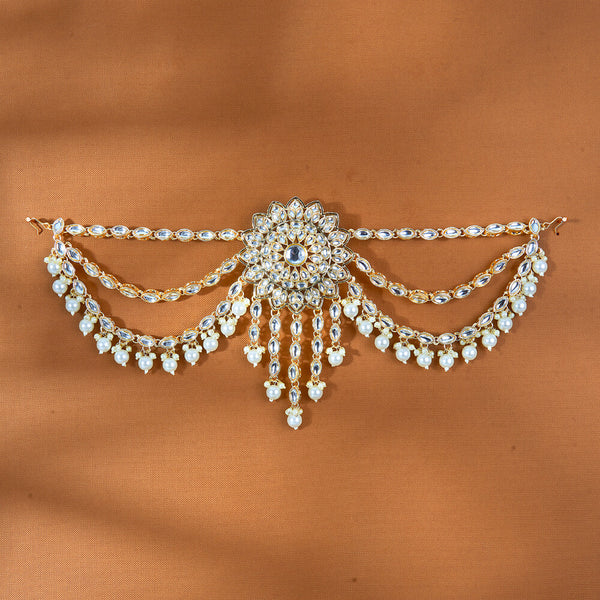 111686 Indo Western Moti Hair Brooch With Gold Plating