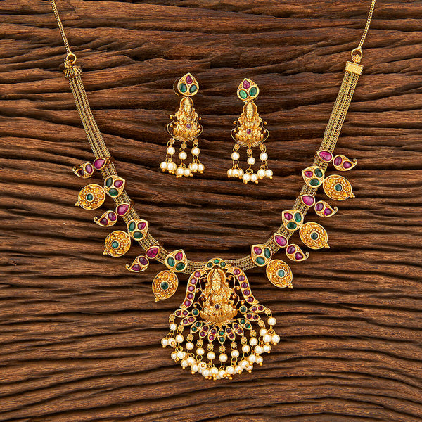 Antique Temple Necklace With Matte Gold Plating 214326