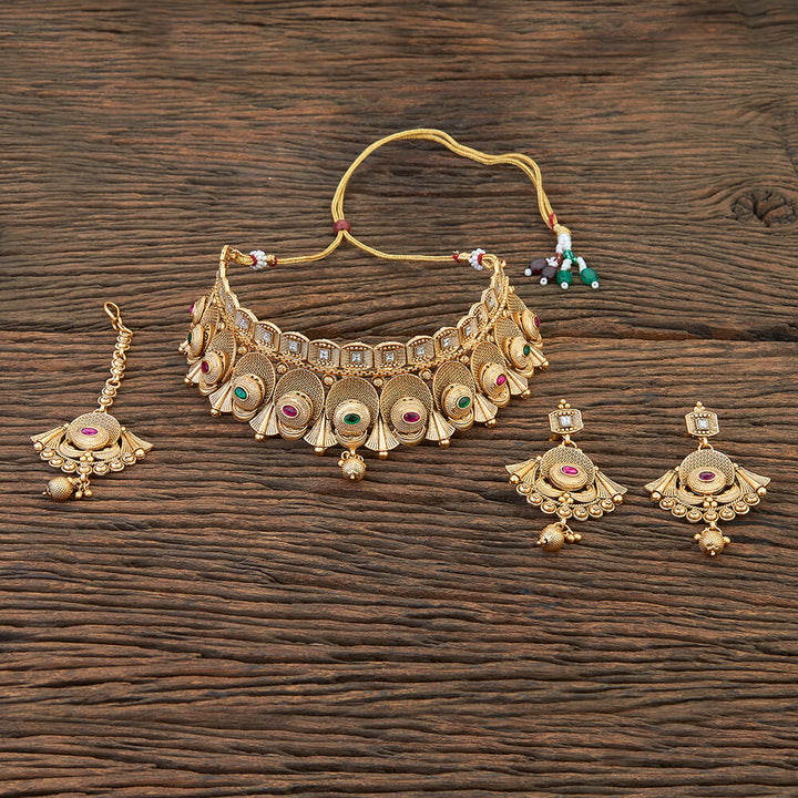 Antique Mukut Necklace With Matte Gold Plating 215003