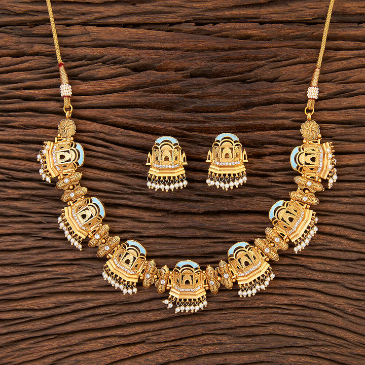 Antique South Indian Necklace With Matte Gold Plating 215298