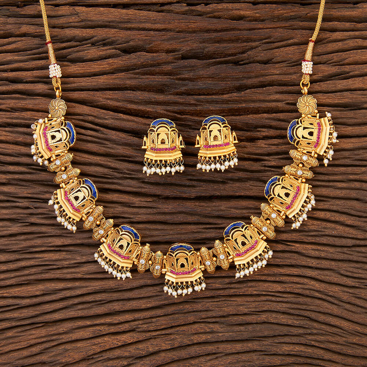 Antique South Indian Necklace With Matte Gold Plating 215298