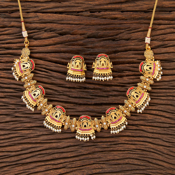 Antique South Indian Necklace With Matte Gold Plating 215298