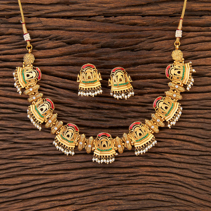 Antique South Indian Necklace With Matte Gold Plating 215298