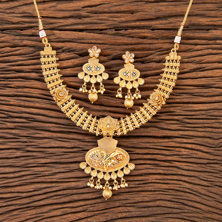 Antique Pearl Necklace With Matte Gold Plating 215485