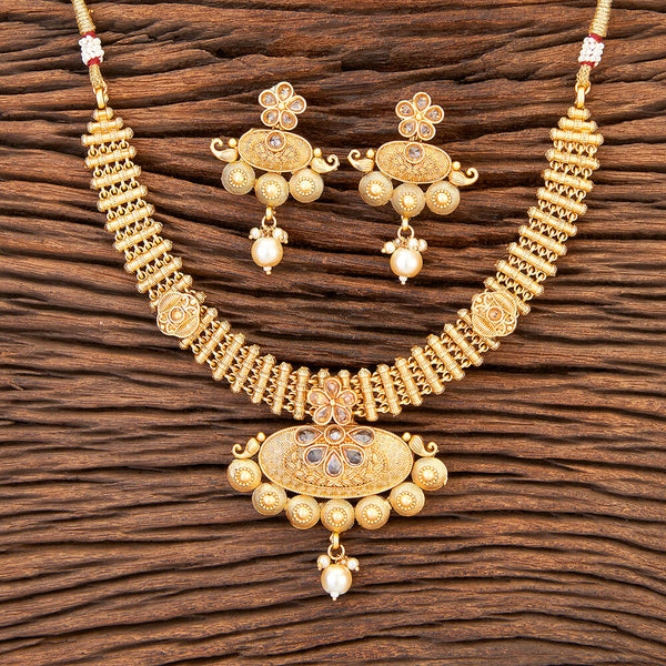 Antique Moti Necklace With Matte Gold Plating 215486