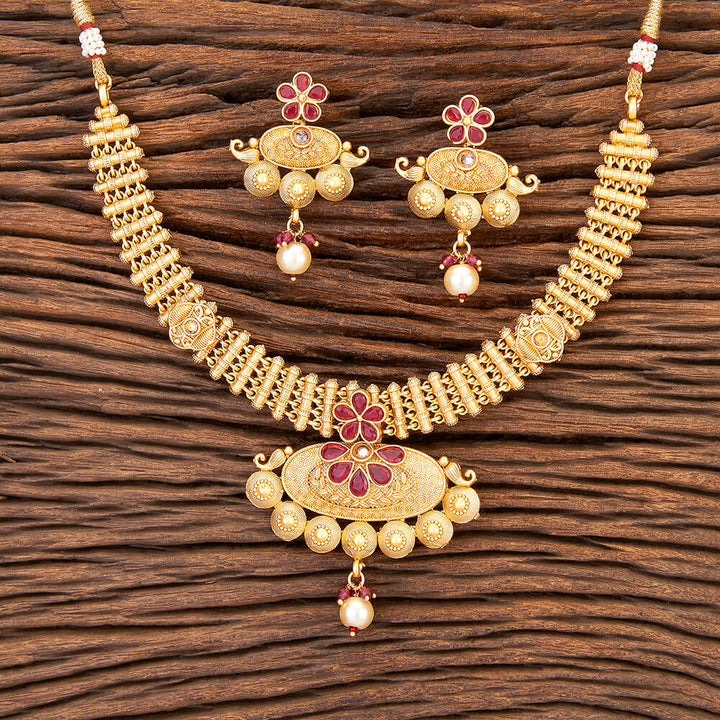 Antique Moti Necklace With Matte Gold Plating 215486