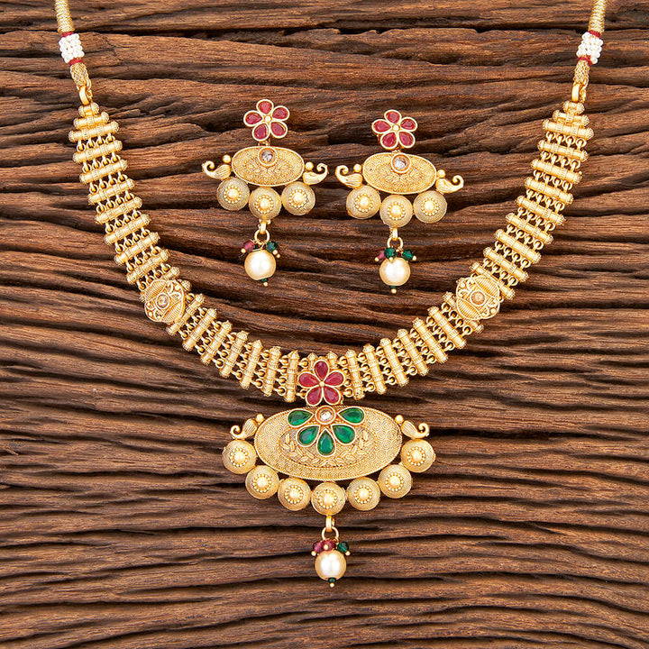 Antique Moti Necklace With Matte Gold Plating 215486