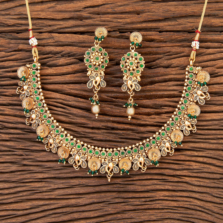 Antique Peacock Necklace With Matte Gold Plating 215532