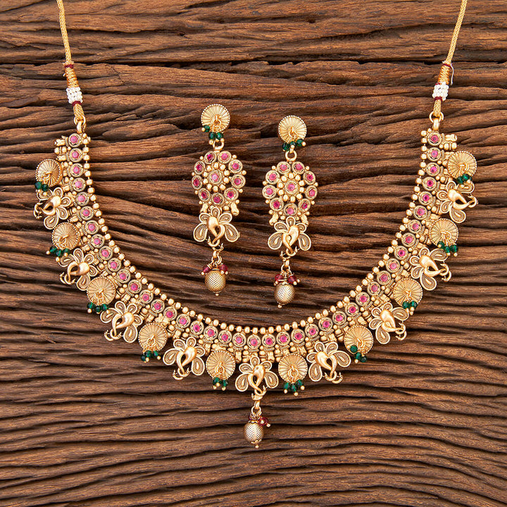 Antique Peacock Necklace With Matte Gold Plating 215532