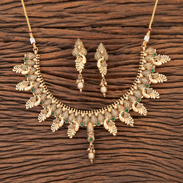 Antique Peacock Necklace With Matte Gold Plating 215533