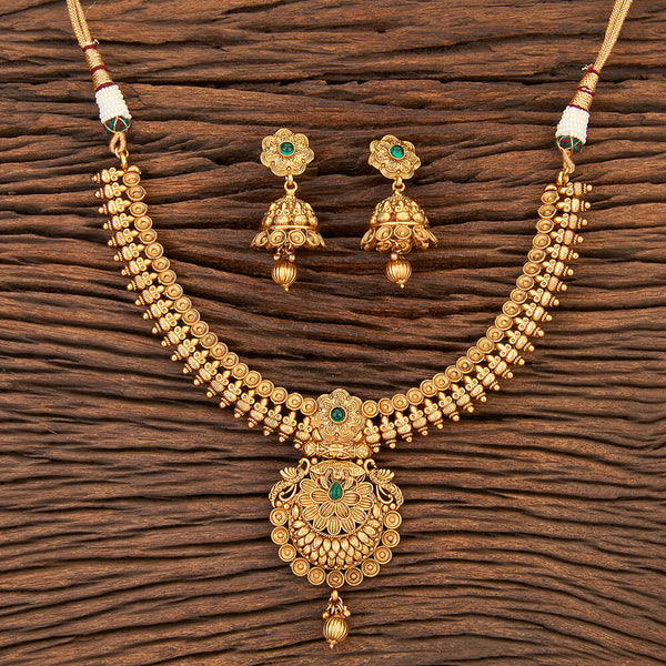 Antique Peacock Necklace With Matte Gold Plating 215617