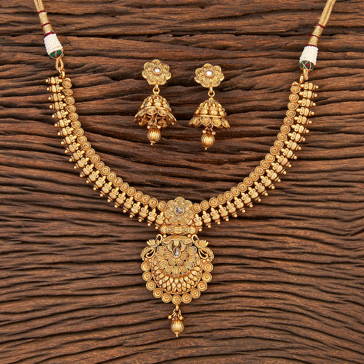 Antique Peacock Necklace With Matte Gold Plating 215617