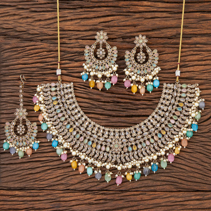 Antique Reverse Ad Stone Necklace With Mehndi Plating 215678