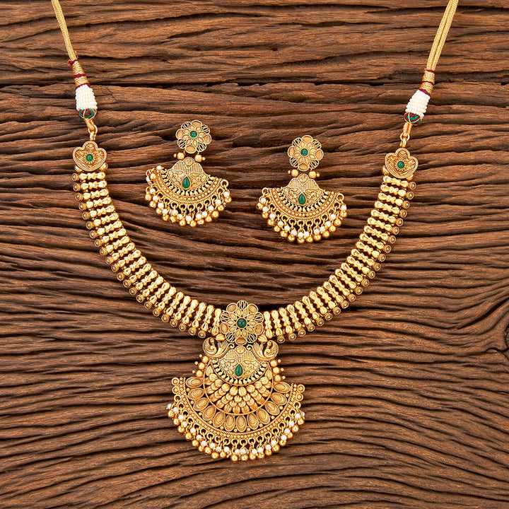 Antique Peacock Necklace With Matte Gold Plating 215842