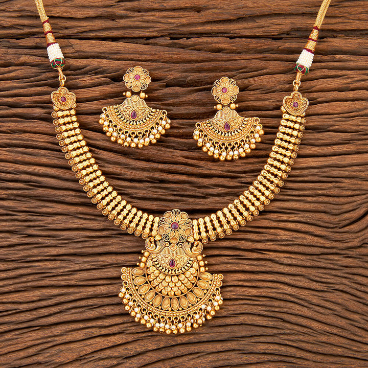 Antique Peacock Necklace With Matte Gold Plating 215842