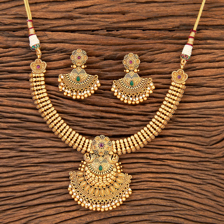 Antique Peacock Necklace With Matte Gold Plating 215842