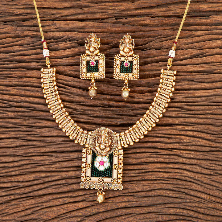 Antique South Indian Necklace With Matte Gold Plating 215891