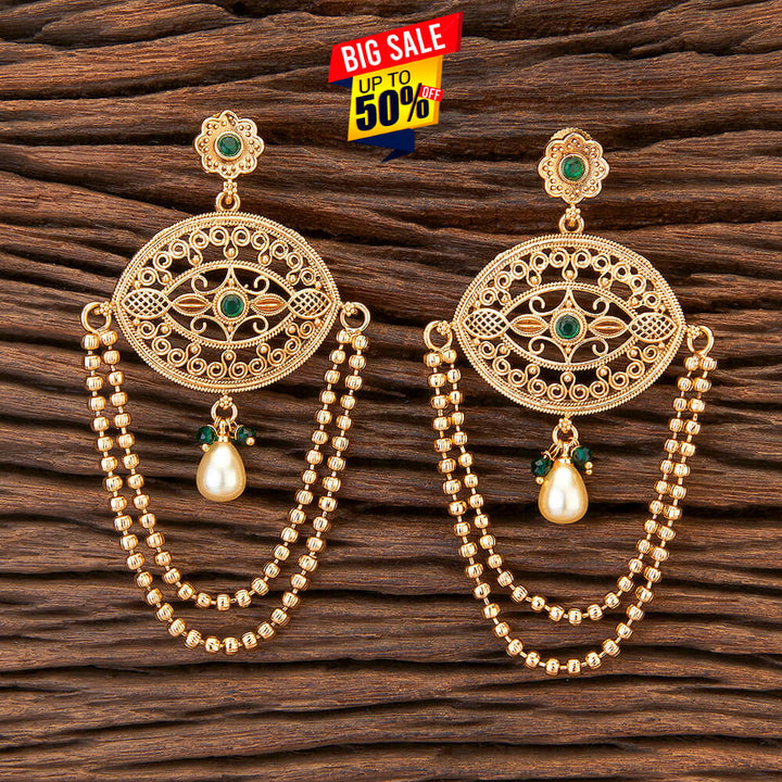 Antique Earring With Chain With Gold Plating 216209