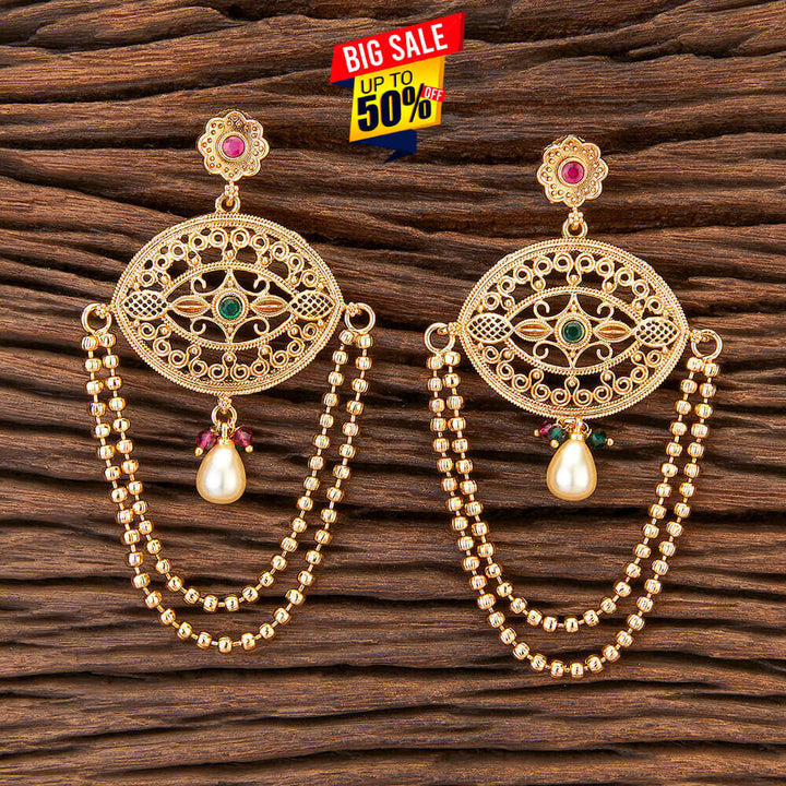 Antique Earring With Chain With Gold Plating 216209