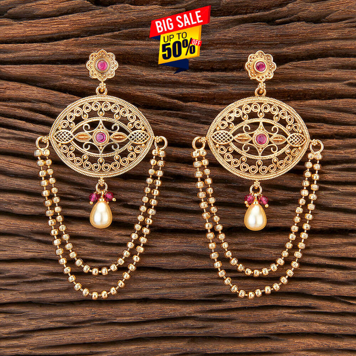 Antique Earring With Chain With Gold Plating 216209