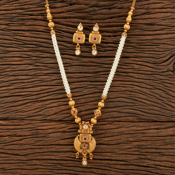 Antique Long Pendant Set With Matte Gold Plating 217023