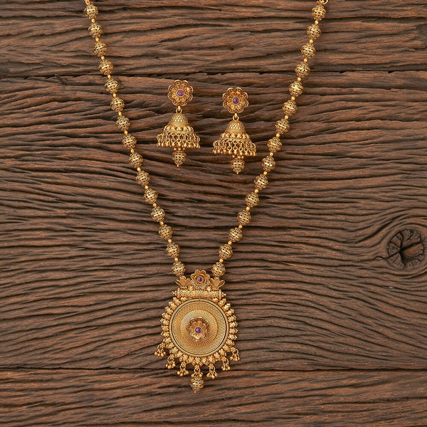 Antique Long Pendant Set With Matte Gold Plating 217419