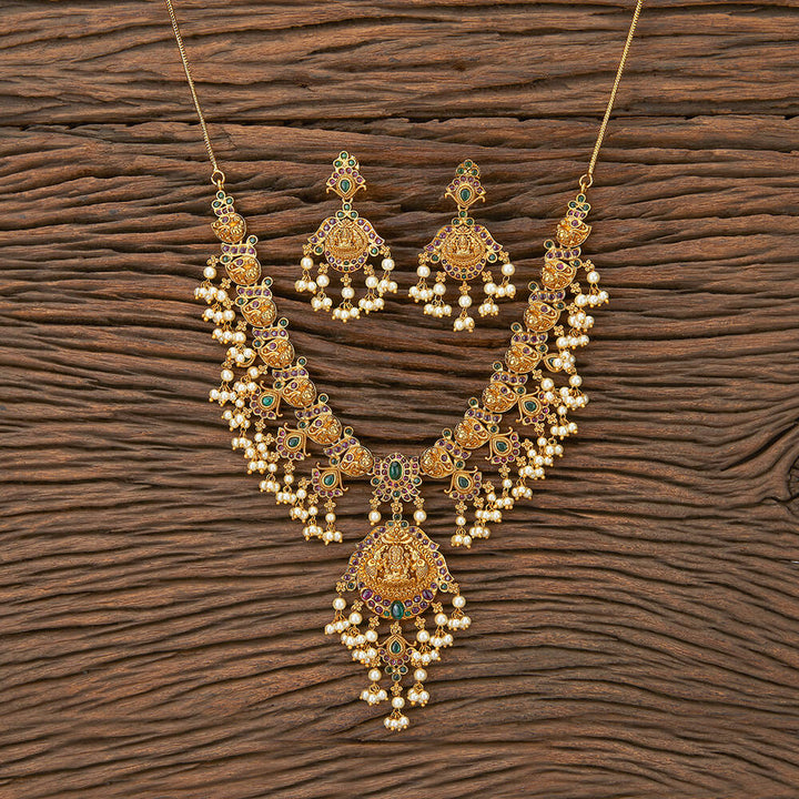 Antique Peacock Necklace With Matte Gold Plating 217479