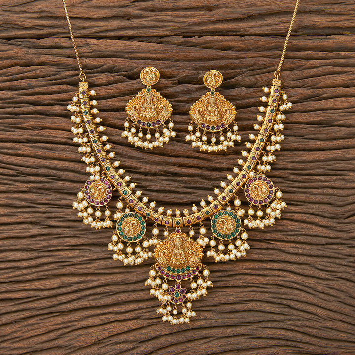 Antique Peacock Necklace With Matte Gold Plating 217489