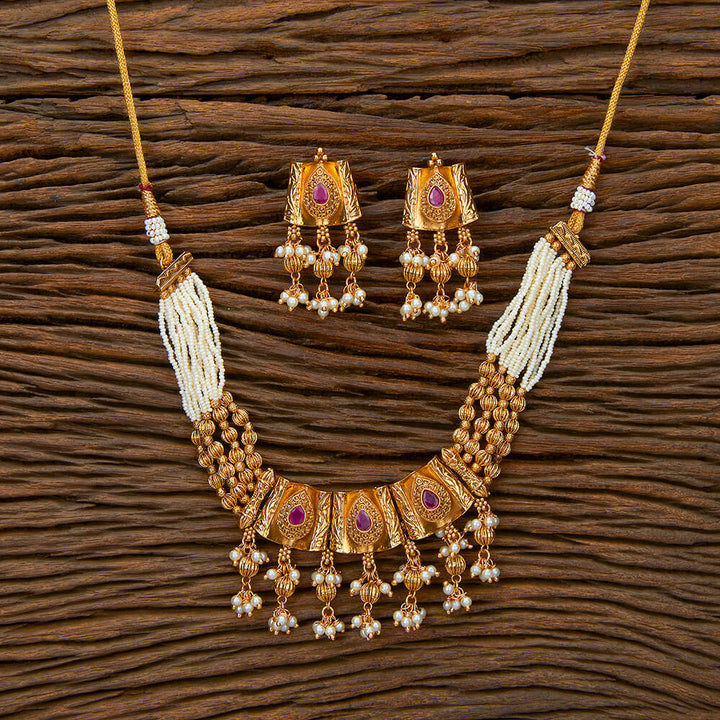 Antique Moti Necklace With Gold Plating 217924