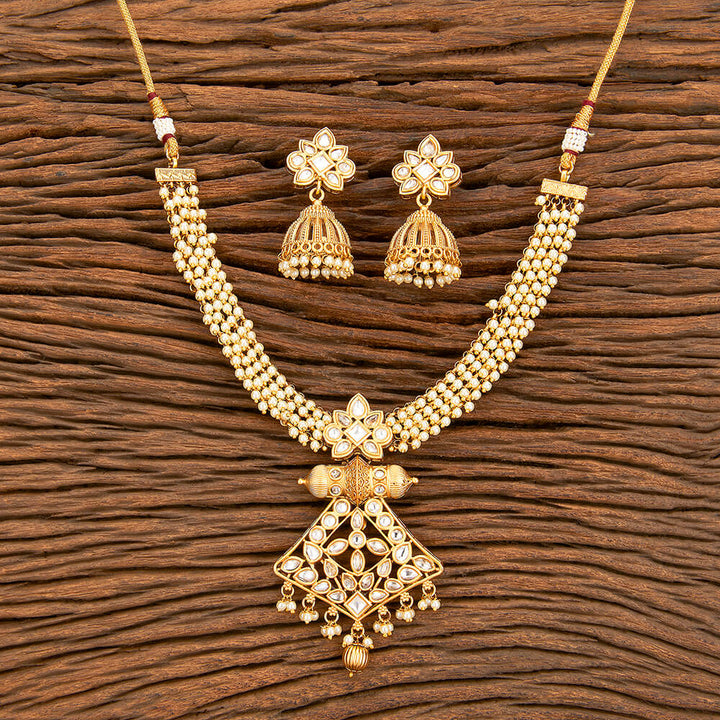 Antique Moti Necklace With Matte Gold Plating 218223