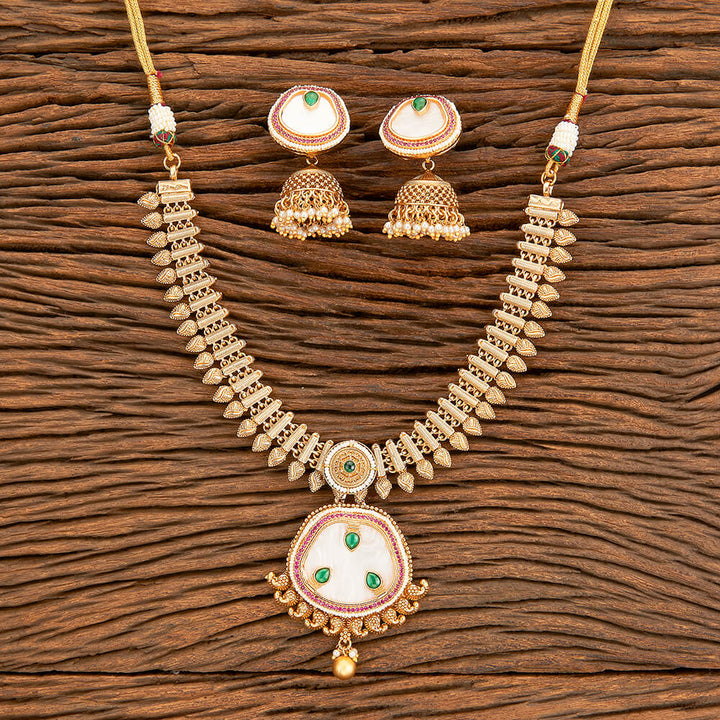 Antique Moti Necklace With Matte Gold Plating 218340