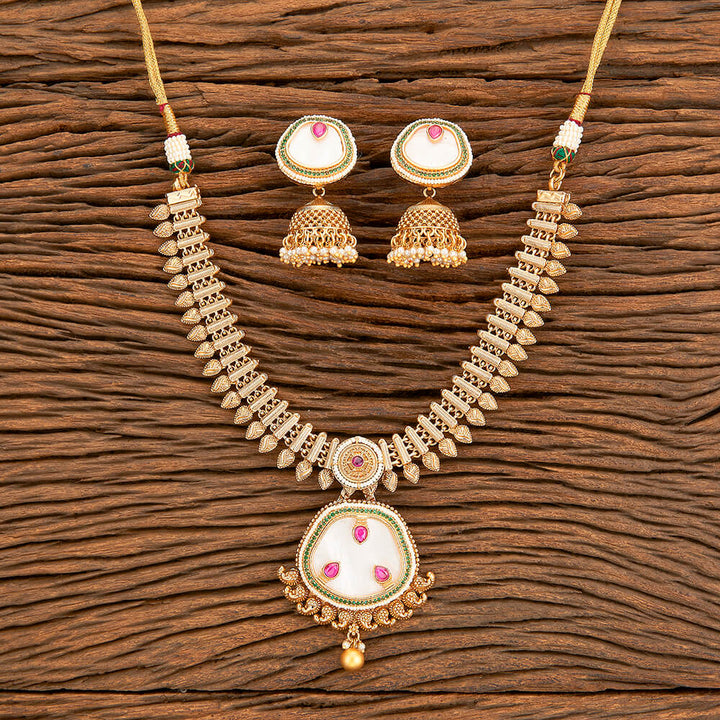 Antique Moti Necklace With Matte Gold Plating 218340