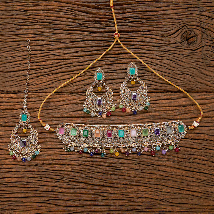 Antique Reverse Ad Stone Necklace With Mehndi Plating 221048