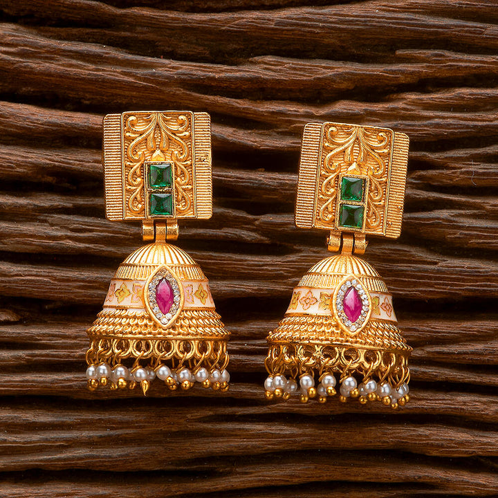 Antique Moti Jhumki With Matte Gold Plating 221096