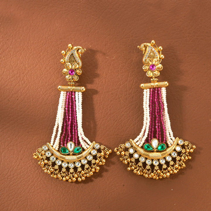 Antique Long Earring With Matte Gold Plating 221489