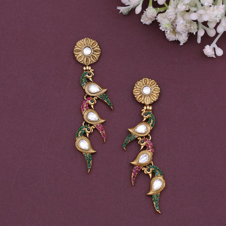 Antique Peacock Earring With Matte Gold Plating 221490