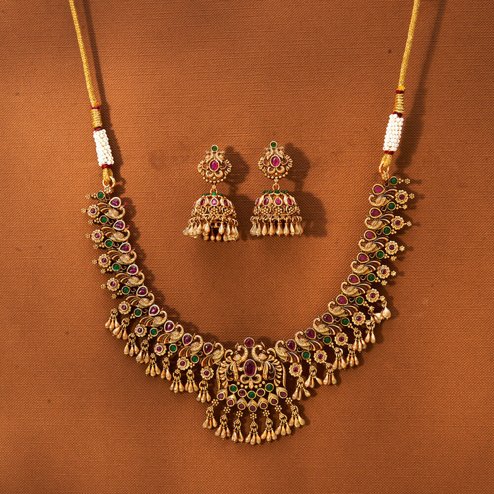 Antique South Indian Necklace With Matte Gold Plating 221761