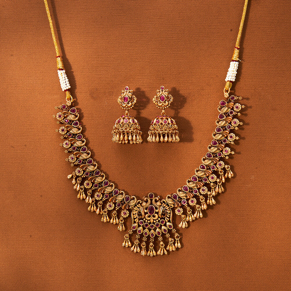 Antique South Indian Necklace With Matte Gold Plating 221761