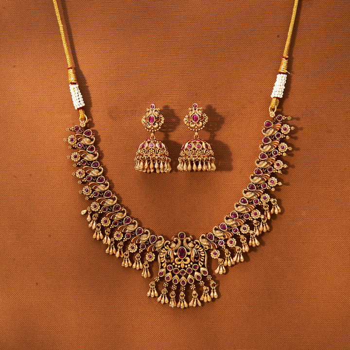 Antique South Indian Necklace With Matte Gold Plating 221761