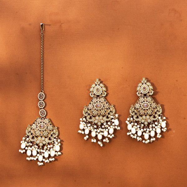 Antique Moti Earring Tikka With Mehndi Plating 221768