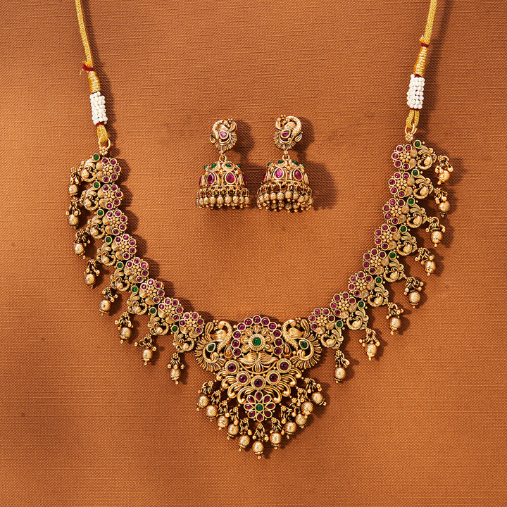 Antique Peacock Necklace With Matte Gold Plating 221775