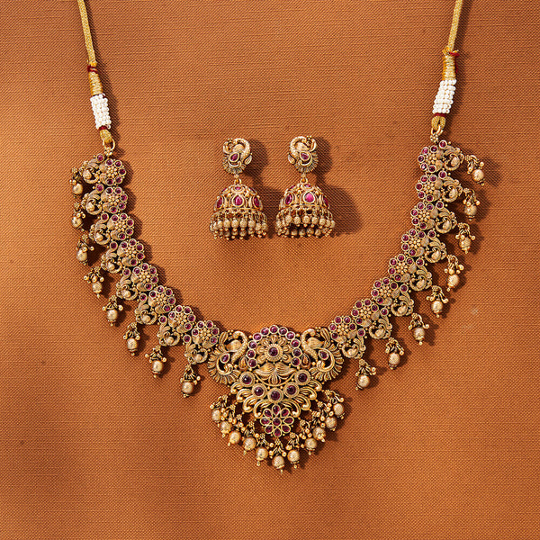 Antique Peacock Necklace With Matte Gold Plating 221775