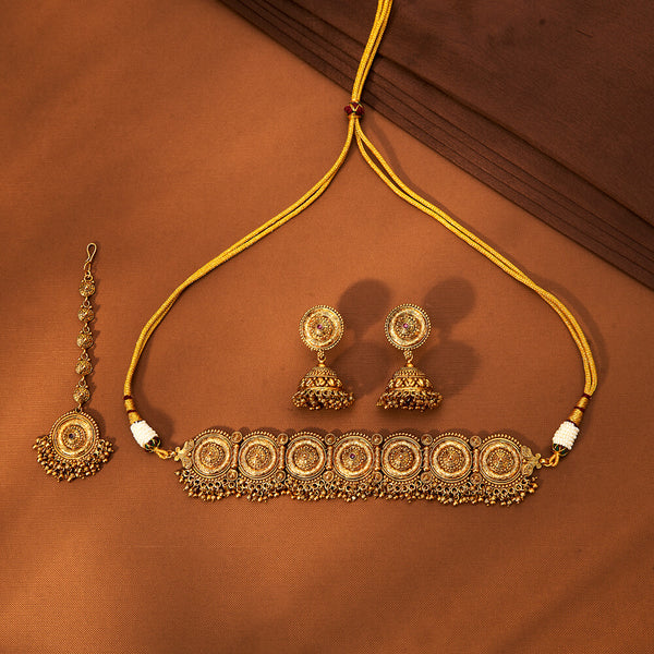 Antique Choker Necklace With Matte Gold Plating 221853