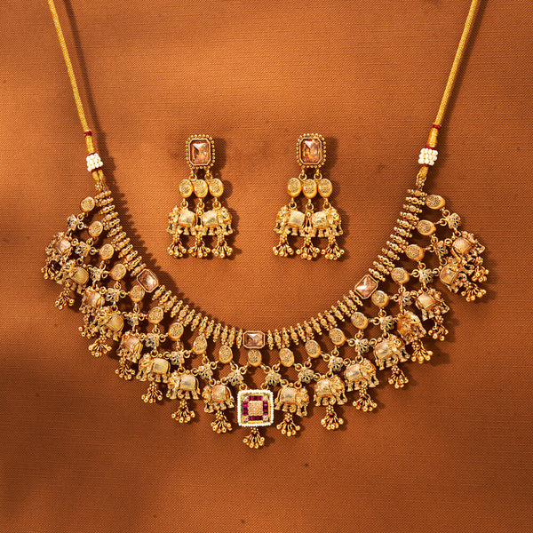 Antique Moti Necklace With Gold Plating 221859