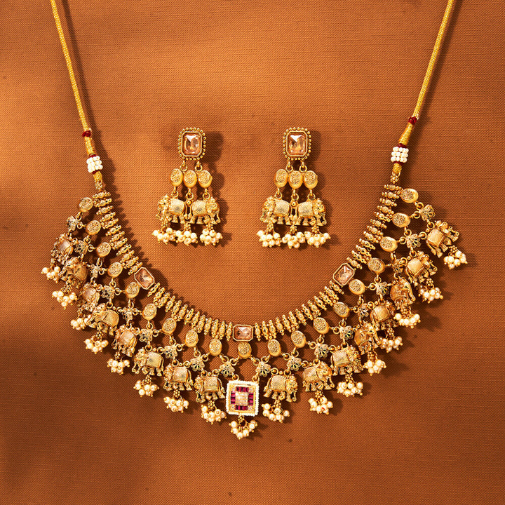 Antique Moti Necklace With Gold Plating 221859