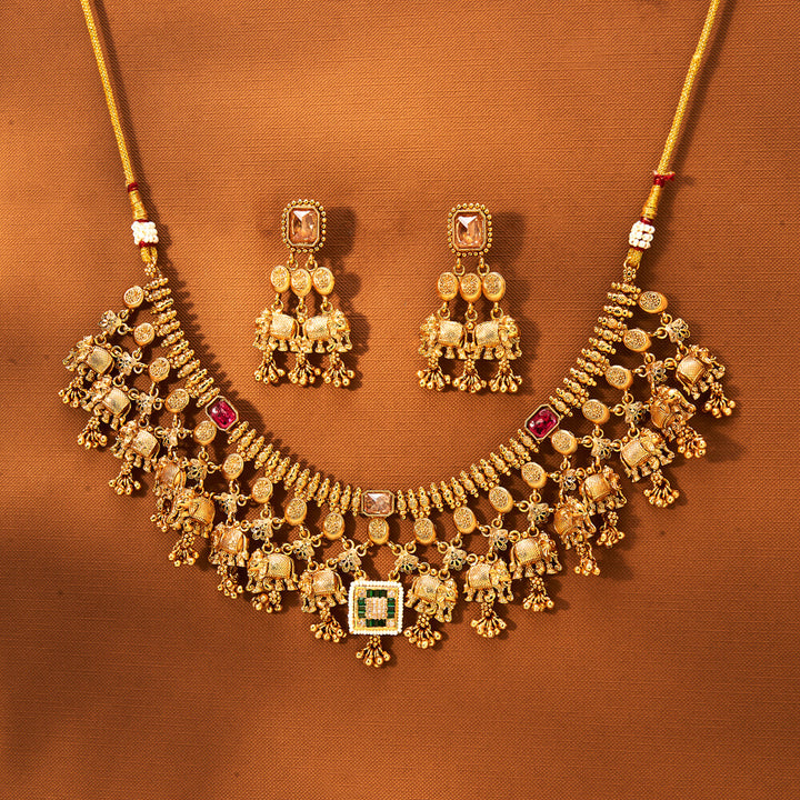 Antique Moti Necklace With Gold Plating 221859