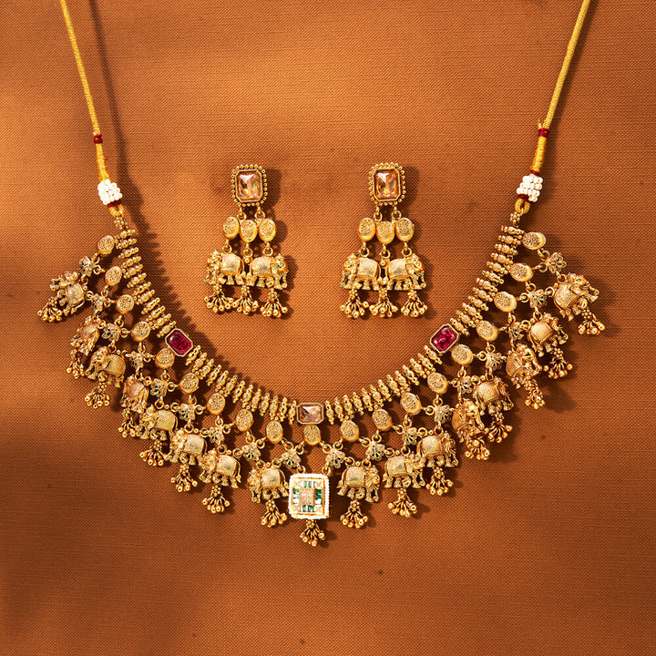 Antique Moti Necklace With Gold Plating 221859