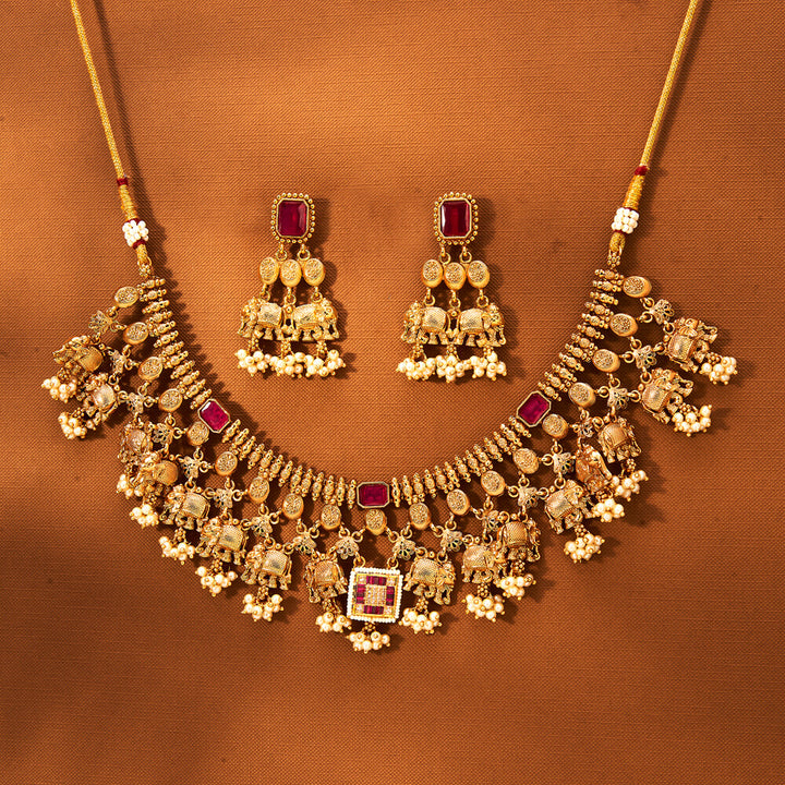 Antique Moti Necklace With Gold Plating 221859